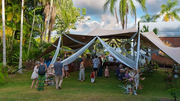 Draped wedding reception canopy in tropical Kuranda gardens