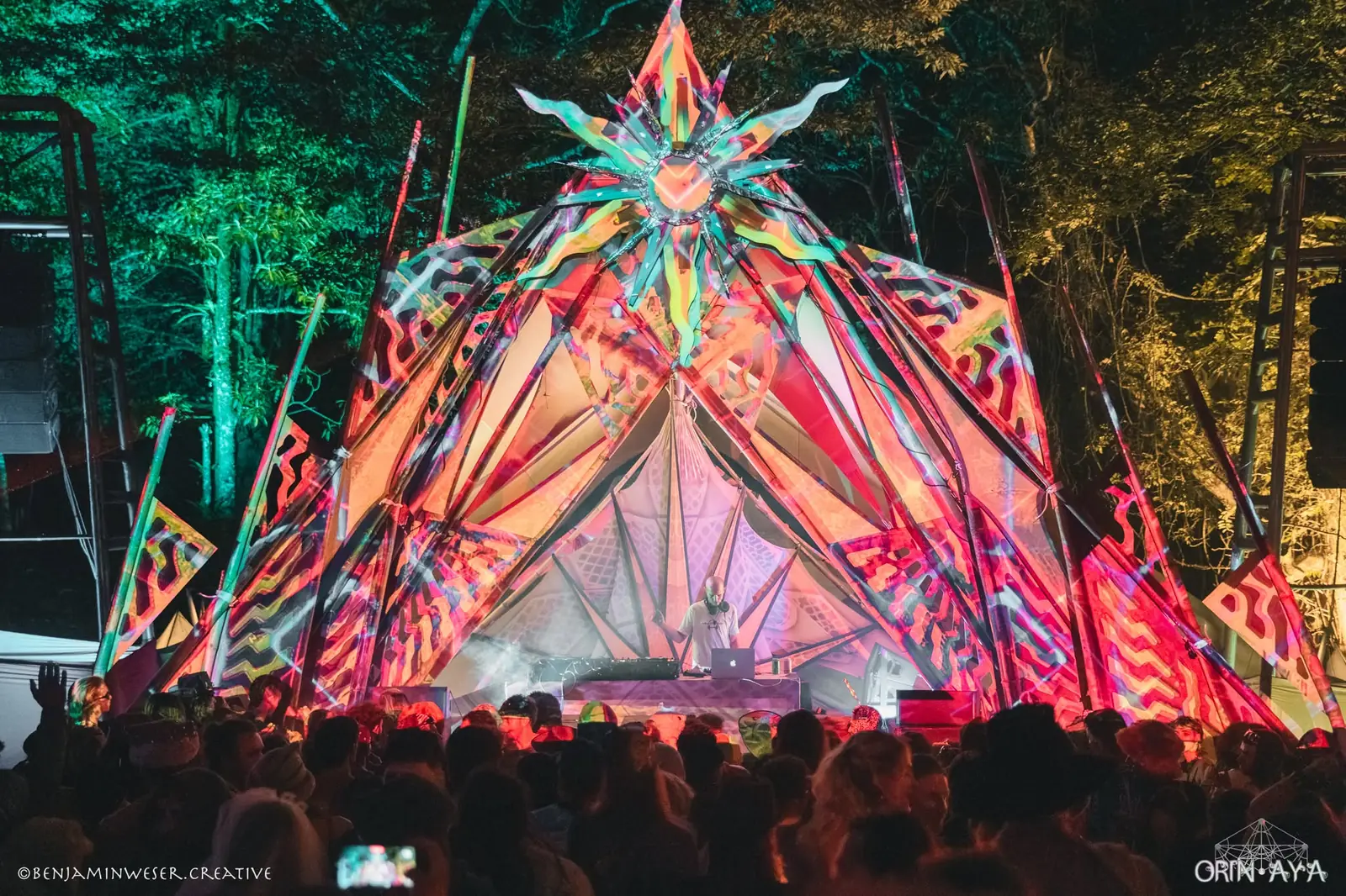 Decorated festival stage at night